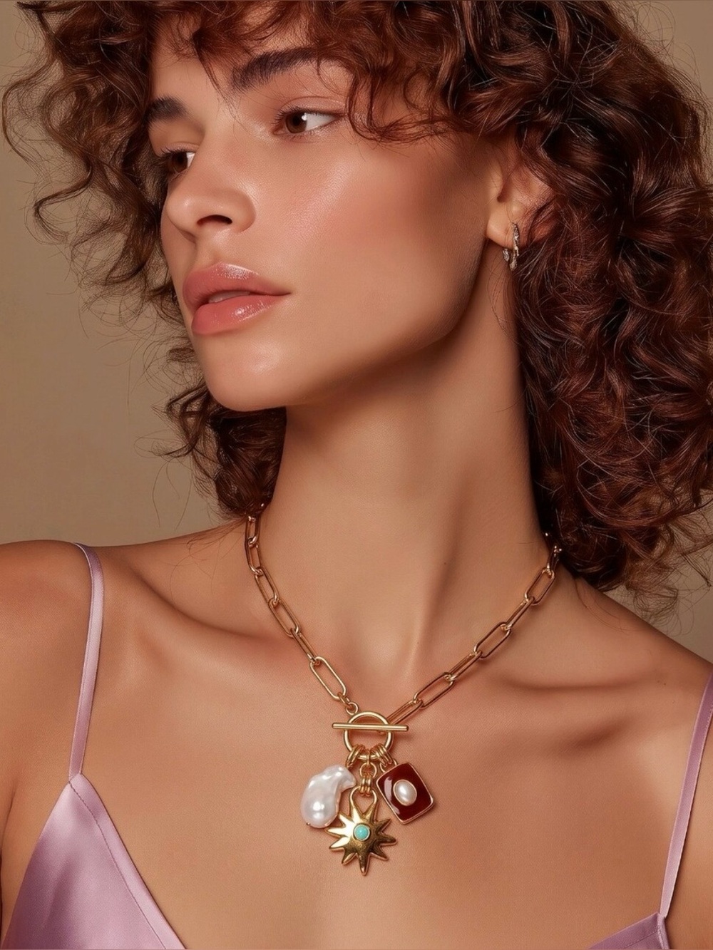 Mayamar Gold Multi Charm Necklace with Red, Blue, and Pearl Accents & Gift Bag
